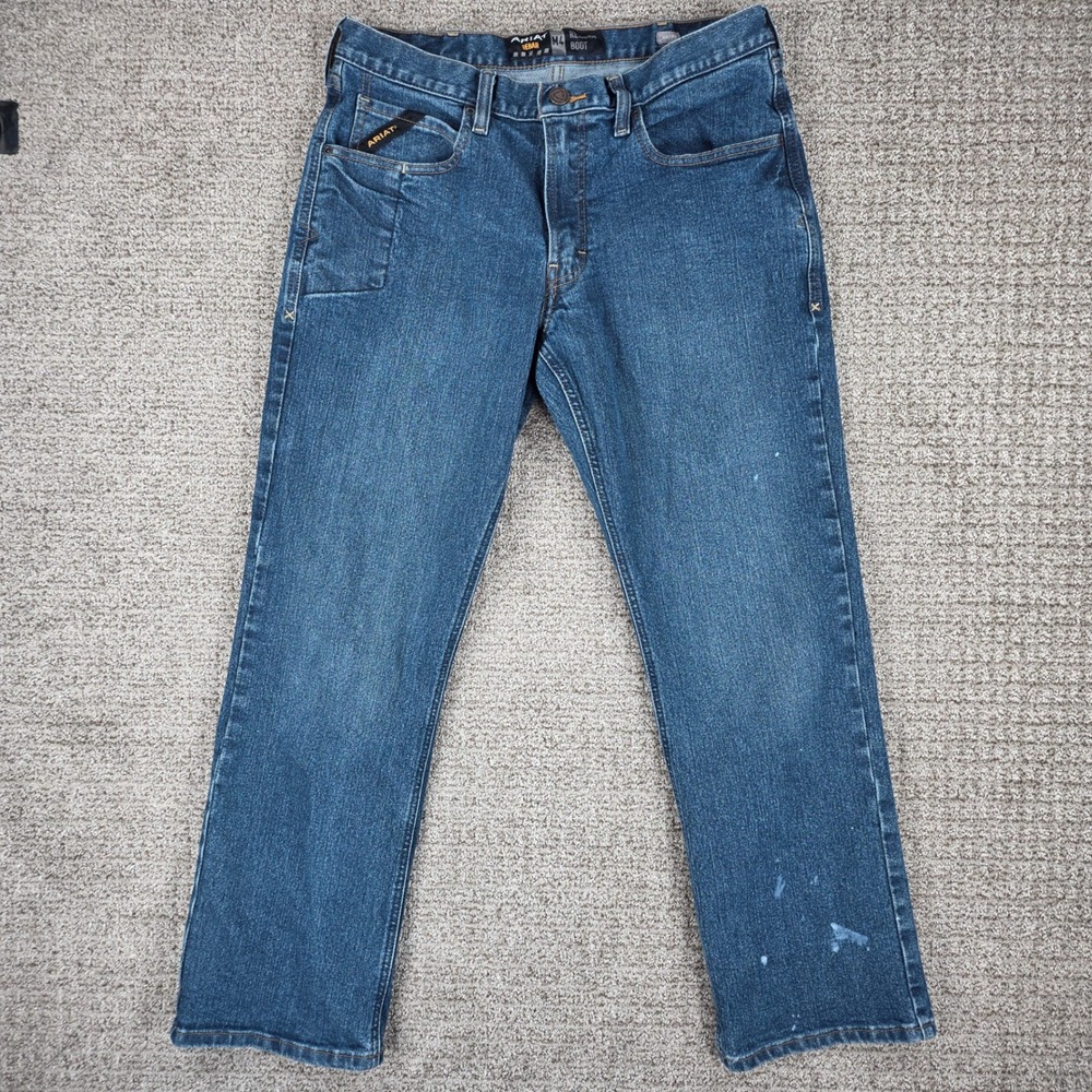 Ariat Rebar M4 Relaxed Boot Cut Jeans Mens 32x30 Blue Denim Work Pants Painted